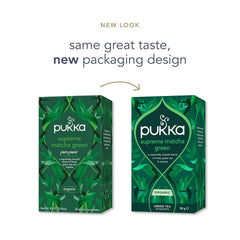 Pukka Supreme Matcha two-chamber tea bag releasing full potency in hot water.