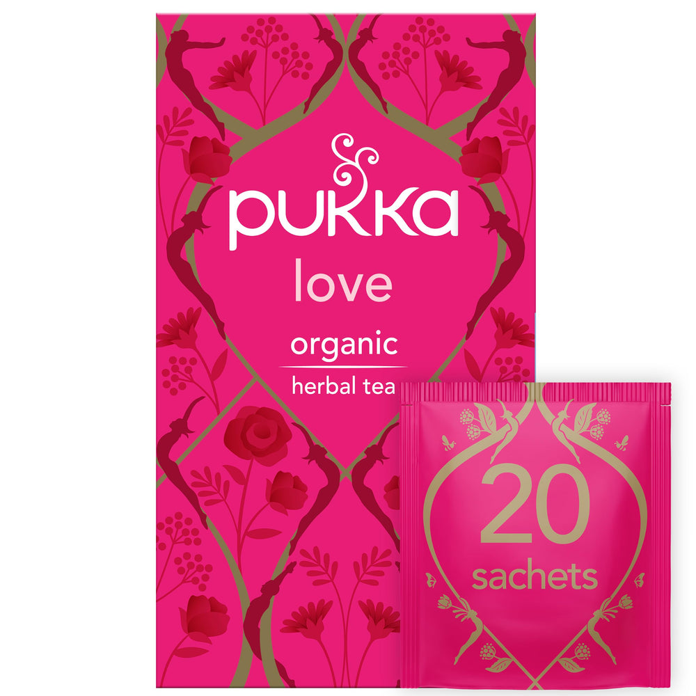Pukka Tea Love Organic with rose aroma in a cup for a soothing moment.