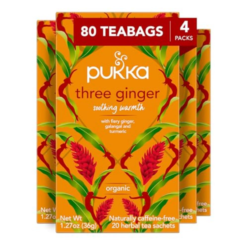 Pukka Three Ginger tea bags in front box, ideal for gifting after meals.