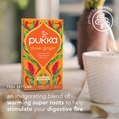 Pukka Three Ginger Tea bags in cup, ready to steep for flavor