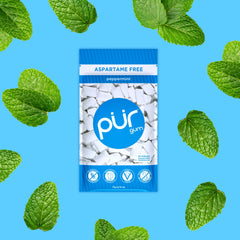 PUR Gum aspartame-free label focusing on clean, sugar-free mint enjoyment.