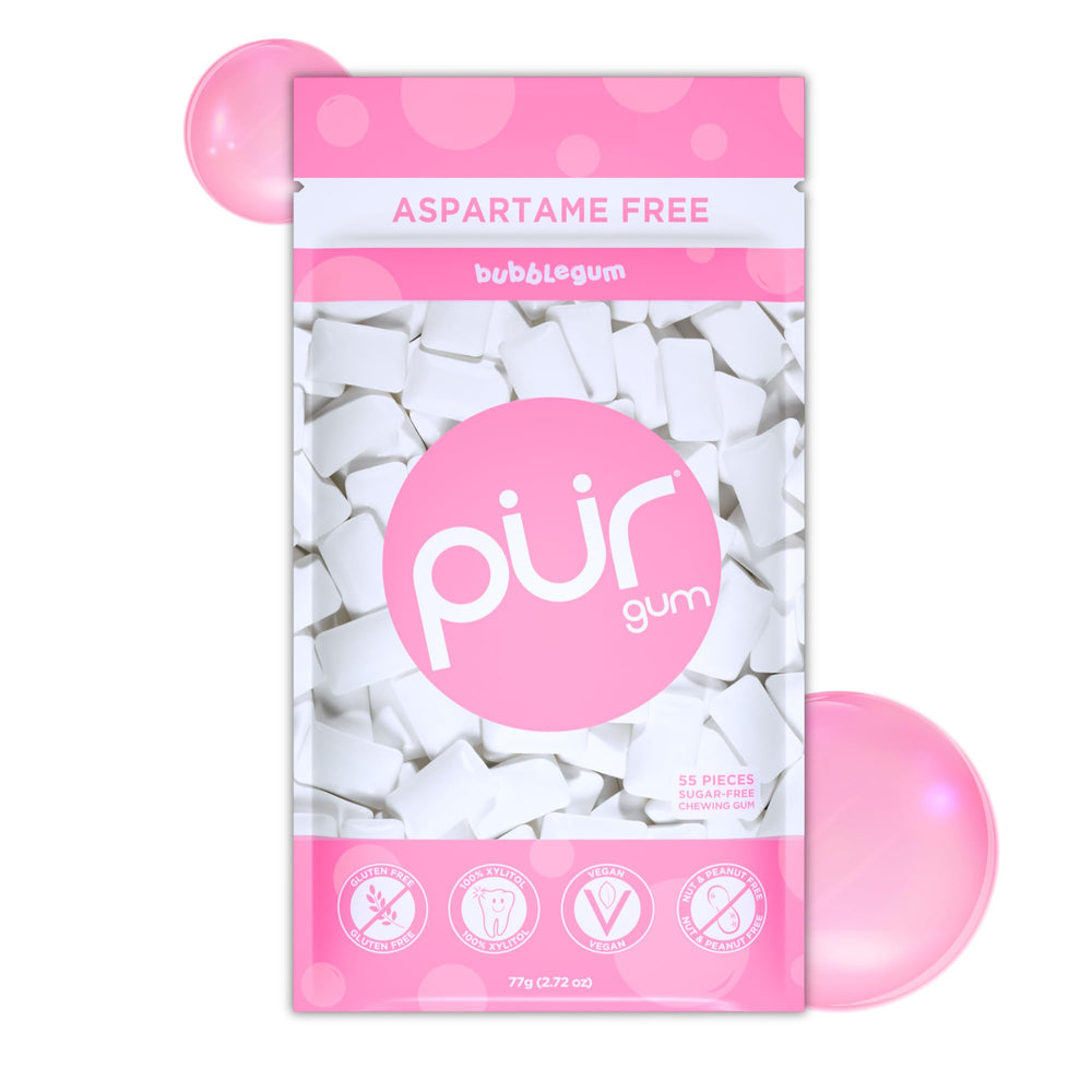 PUR Gum Bubblegum in a resealable bag for on-the-go freshness.