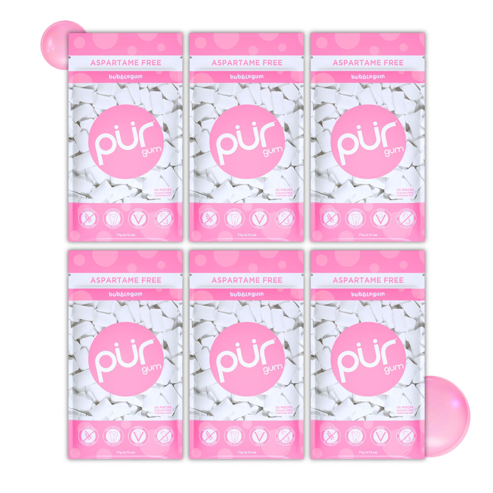 PUR Gum Bubblegum packaging with resealable bag for on-the-go freshness.