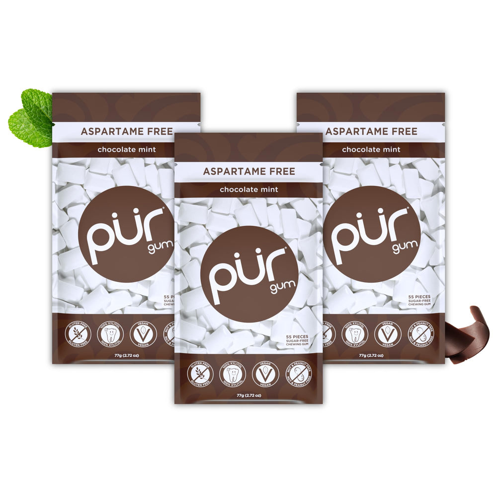 PUR Gum Chocolate Mint bag shows indulgent flavor in a resealable package for on-the-go snacking
