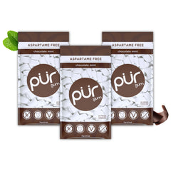 PUR Gum Chocolate Mint bag shows indulgent flavor in a resealable package for on-the-go snacking