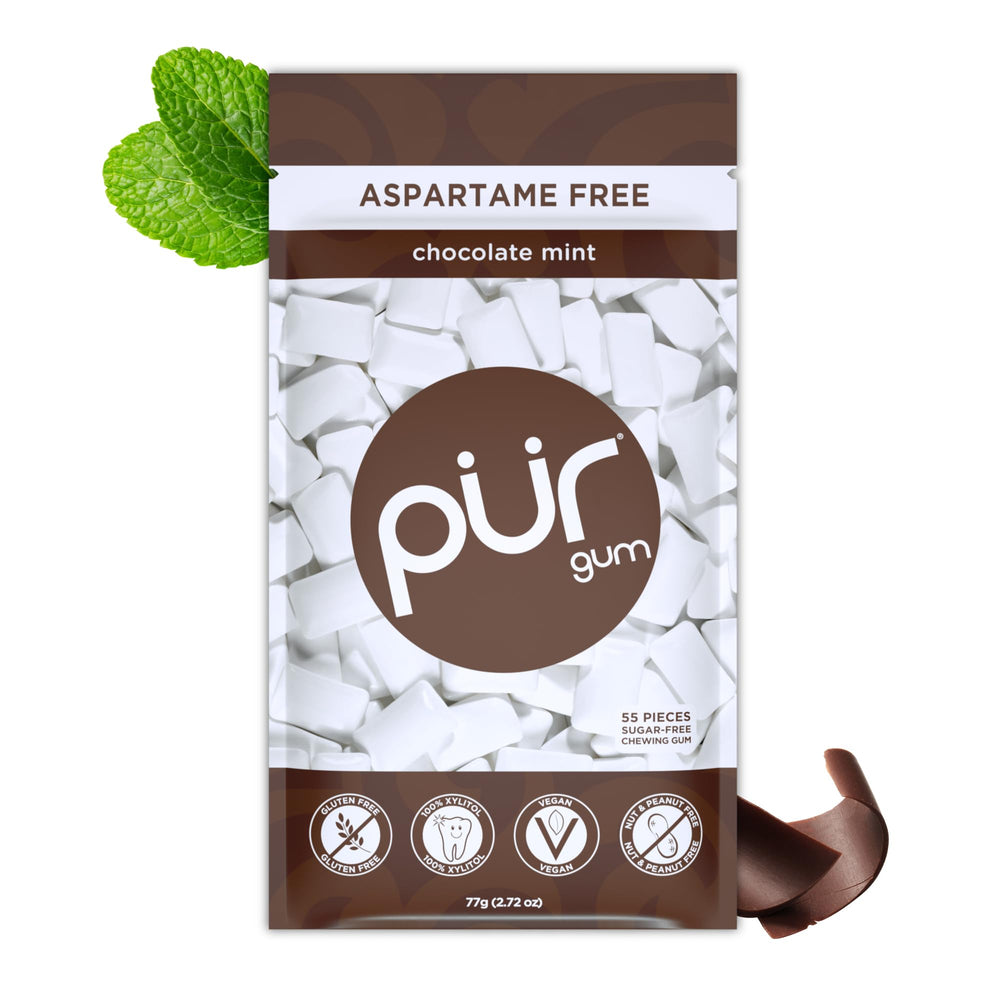 PUR Gum Chocolate Mint pack of 55 pieces in a resealable bag for on-the-go cravings.