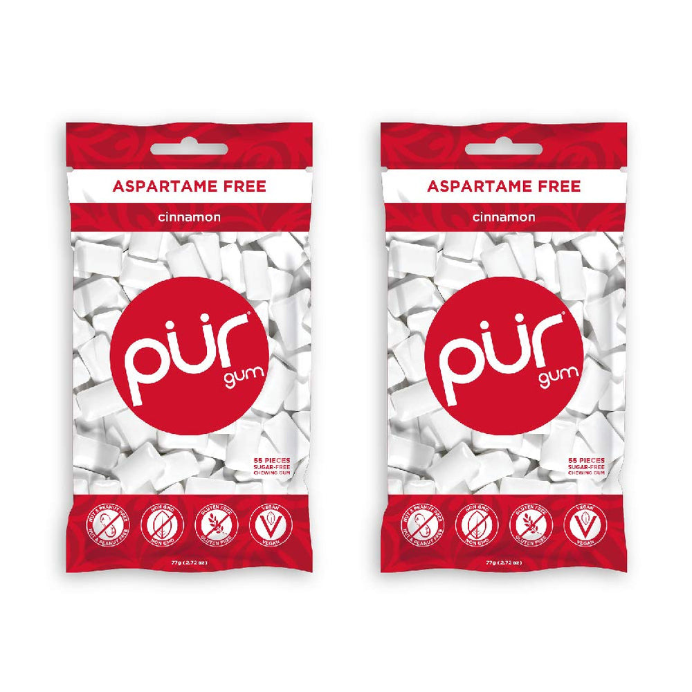 PUR Gum Cinnamon bottle open showing pieces for quick breath freshening