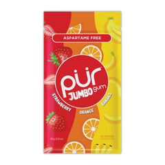 PUR Jumbo Gum pack front with natural strawberry, banana, and orange flavors.