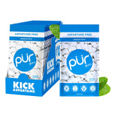 PUR Gum peppermint pack shot highlighting 55 pieces in a resealable bag for on-the-go freshness.