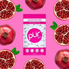 PUR Gum Pomegranate Mint packaging label emphasizes aspartame-free allergen-friendly formula.
