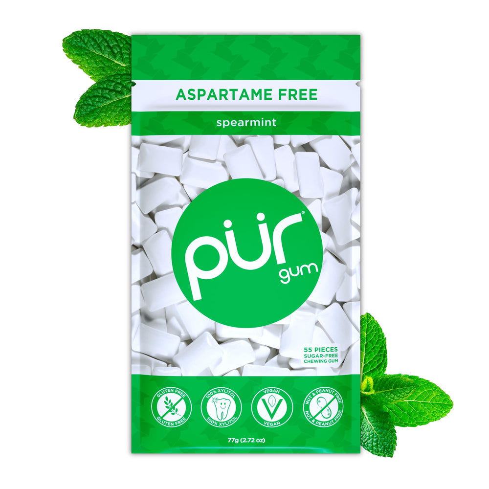 PUR Gum Spearmint 55-piece pack for on‑the‑go fresh breath.