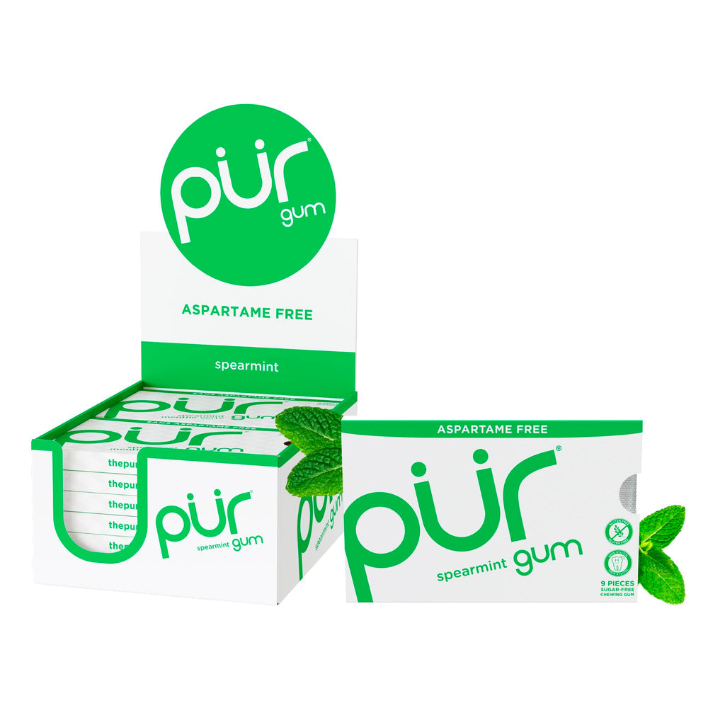 PUR Gum spearmint blister pack shown for fresh breath on the go