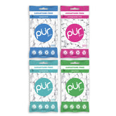 PUR Gum Variety Pack front shows four flavors Peppermint, Pomegranate Mint, Spearmint, Wintergreen