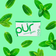 PUR Gum vegan non-GMO badge displays allergen-free chewing product