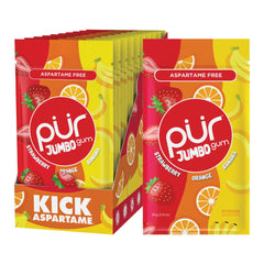 PUR Jumbo Gum strawberry flavor piece, a fruity, sugar-free chew powered by xylitol.