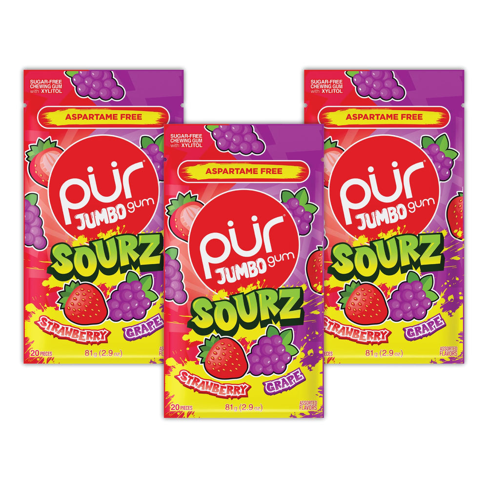 PUR Jumbo SOURZ Gum strawberry piece delivers bold sour flavor for on-the-go snacking
