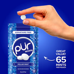 PUR Mints ingredients label featuring natural flavors and xylitol