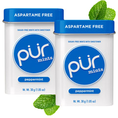 PUR Mints peppermint tin 2-pack offers refreshing, sugar-free breath protection.