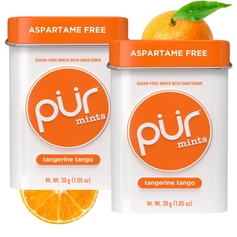 PUR Mints Tangerine Tango tin front with tangy sugar-free bite.