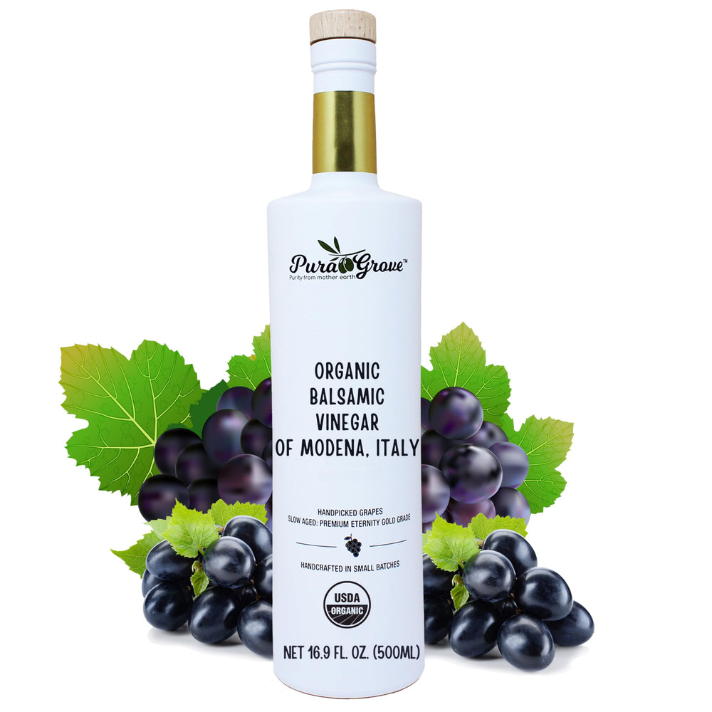 PURA GROVE balsamic bottle front view highlighting artisanal, aged flavor for dressings and glazes.