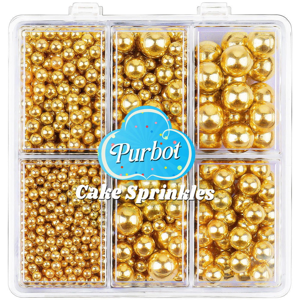PURBOT Gold Pearl Sprinkles collection box keeps sizes organized for precise decorating.