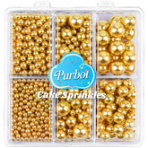 PURBOT Gold Pearl Sprinkles collection box keeps sizes organized for precise decorating.