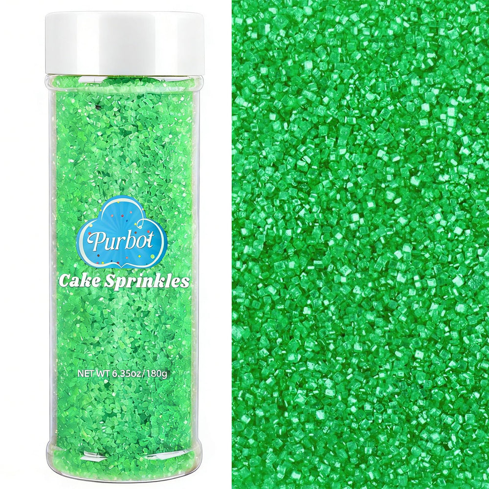 Purbot green sanding sugar jar showcases vibrant sparkle for desserts.