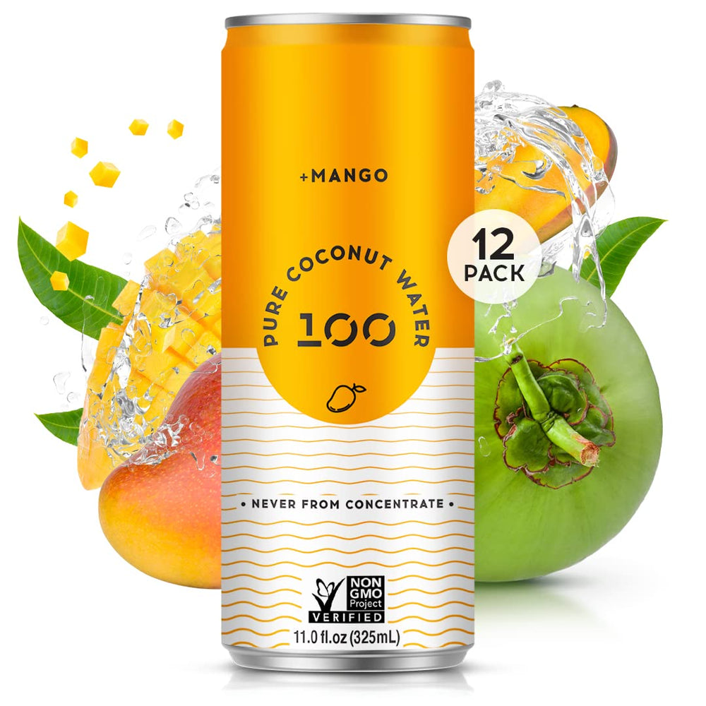 Pure Coconut Water 100 Mango bottle showing tropical hydration and electrolytes.
