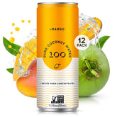 Pure Coconut Water 100 Mango bottle showing tropical hydration and electrolytes.