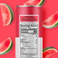Pure Coconut Water 100 Watermelon bottle back with ingredient info and non GMO details