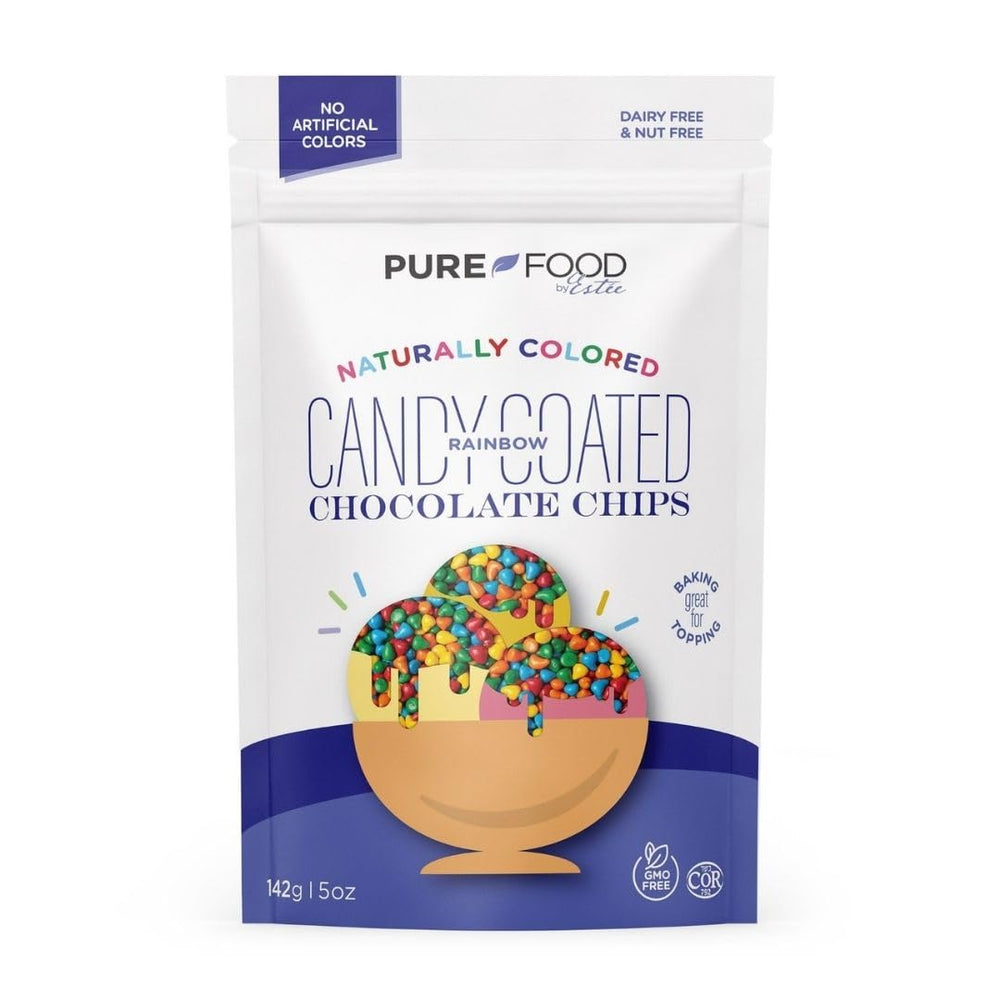 Pure Food by Estée rainbow chips in packaging with natural dyes and allergen info