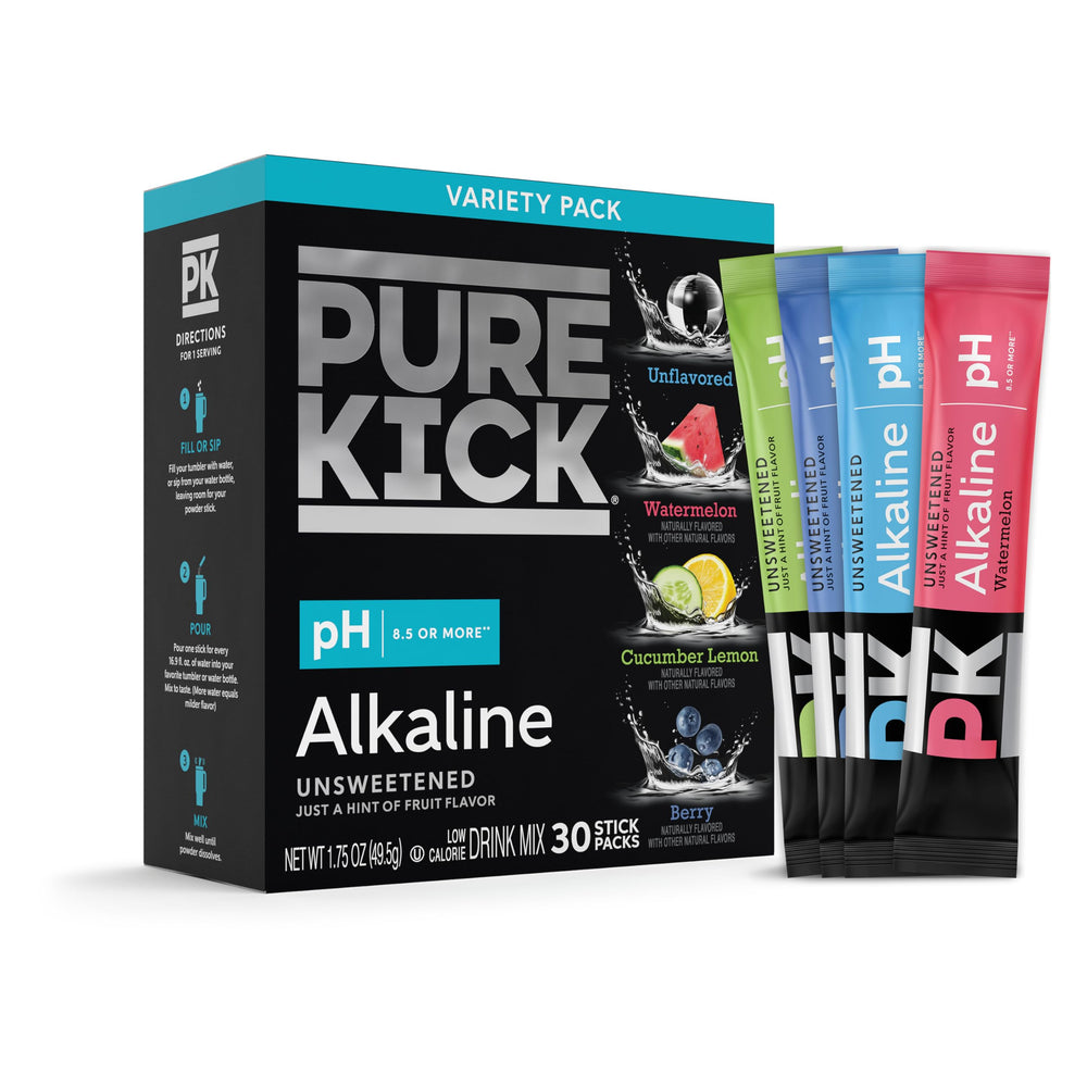 Pure Kick alkaline packets in a box front for portable hydration on the go