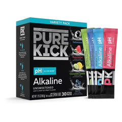 Pure Kick alkaline packets in a box front for portable hydration on the go