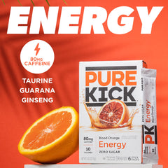 A ready-to-drink Pure Kick Blood Orange mix in water for a refreshing sip.