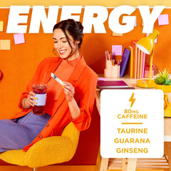 Pure Kick energy singles pour into water, showing fast dissolve for refreshing drink.