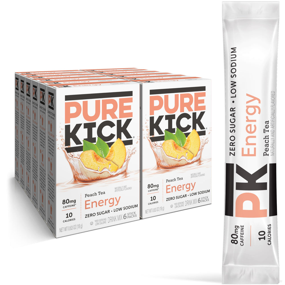 PURE KICK Peach Tea energy singles stick dissolving in water, showcasing flavor release.