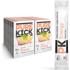 PURE KICK Peach Tea energy singles stick dissolving in water, showcasing flavor release.