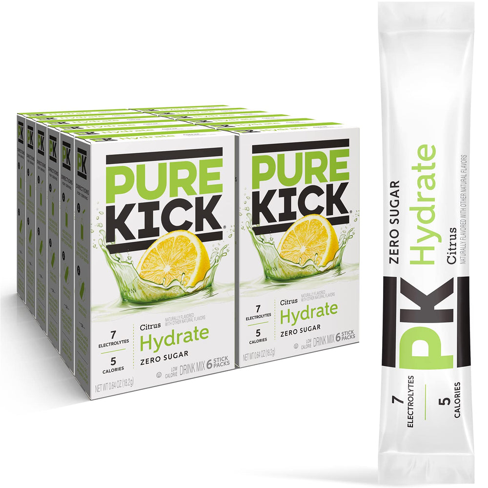 Pure Kick Hydration singles poured into a bottle for quick, guilt-free hydration