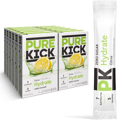 Pure Kick Hydration singles poured into a bottle for quick, guilt-free hydration
