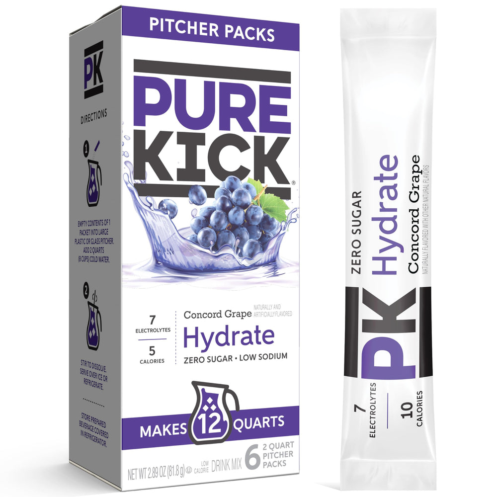 Pure Kick Pitcher Pack Concord Grape on kitchen counter, ready to hydrate your team.