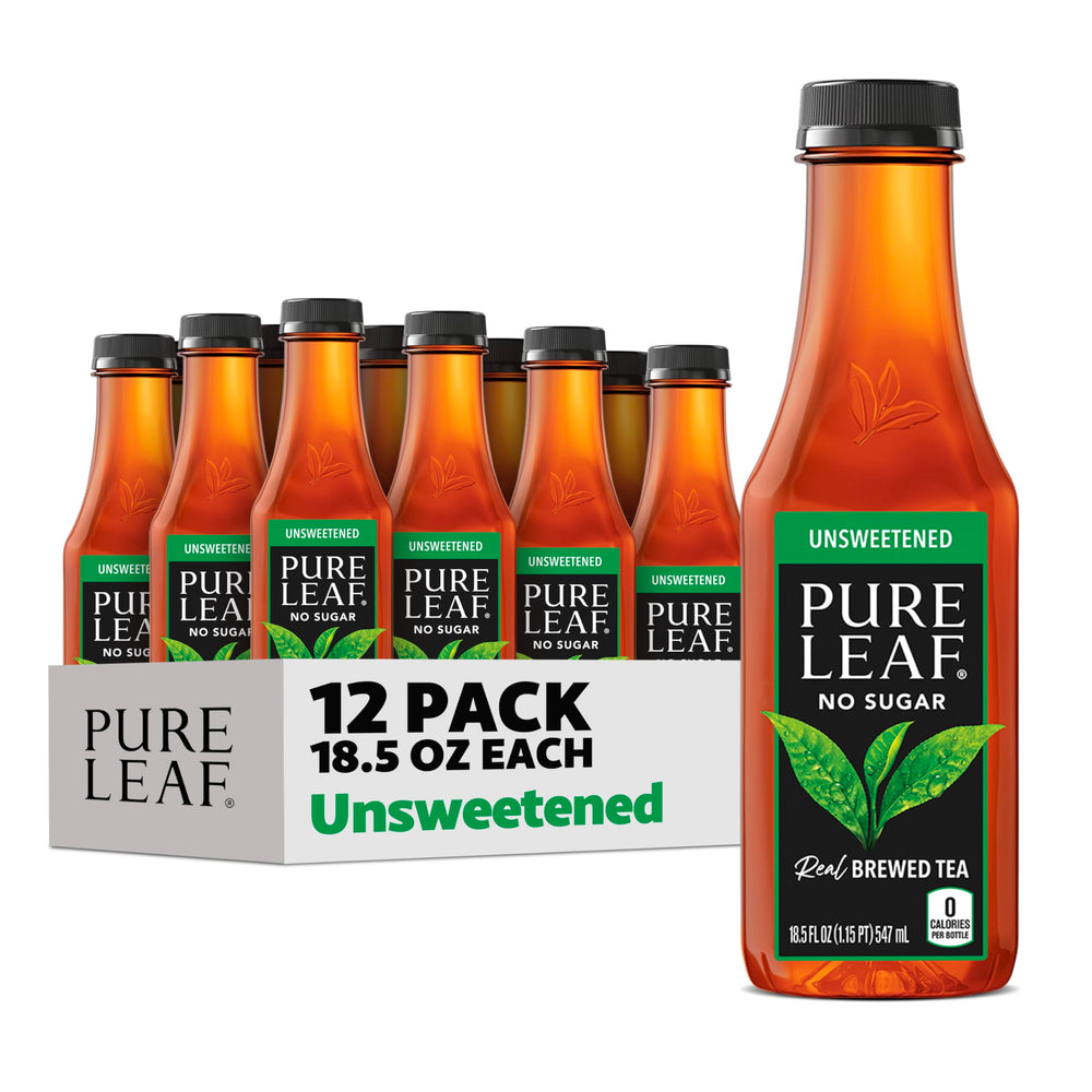 Pure Leaf unsweetened iced tea bottle front, crisp, real tea flavor.