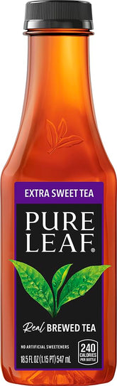 Pure Leaf Iced Tea bottle close-up showing real tea leaves and sweetness