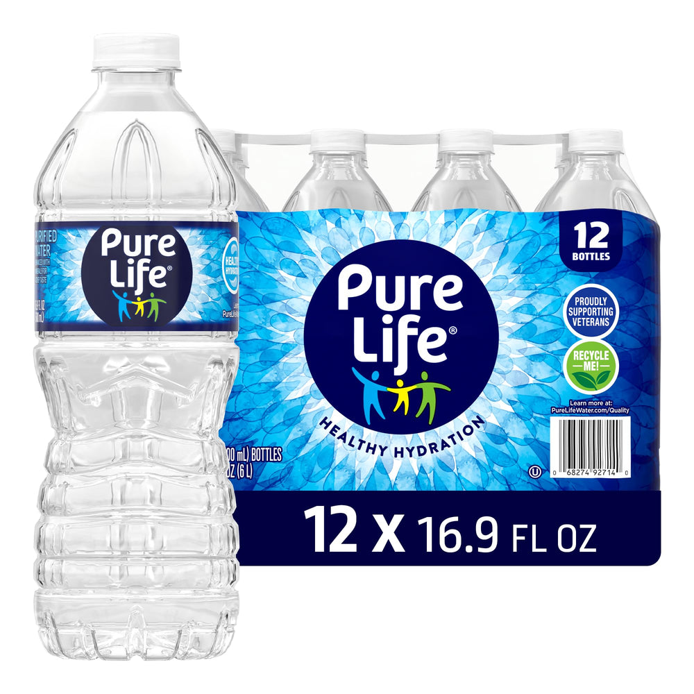 Pure Life purified water bottles in a 16.9 oz pack for everyday hydration.
