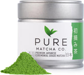 Pure Matcha Co ceremonial grade tin front shows premium packaging for freshness