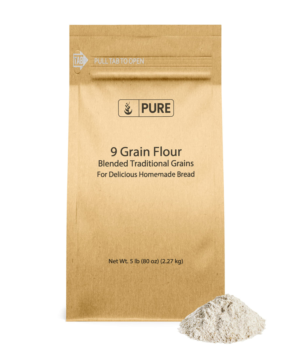 Pure Original Ingredients 9 Grain Flour bag ready for baking, highlighting its versatile use