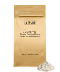 Pure Original Ingredients 9 Grain Flour bag ready for baking, highlighting its versatile use