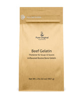 Pure Original Ingredients Beef Gelatin packaging front, premium thickener for soups and sauces.
