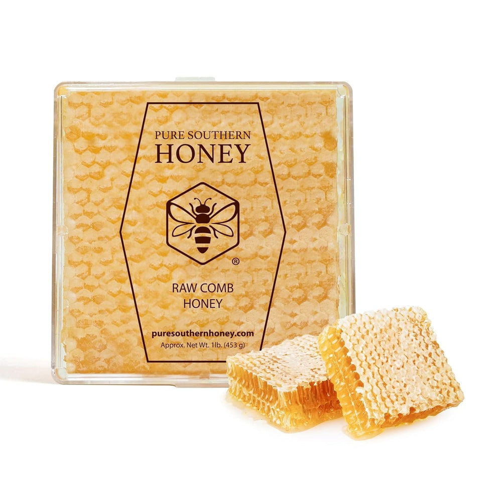 Pure Southern Honey raw honeycomb in a jar, perfect for tasting and spreading.