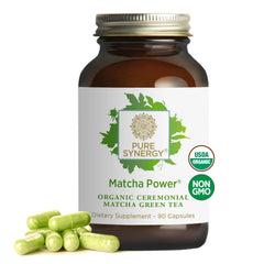 PURE SYNERGY Matcha Power bottle front with capsules, promotes steady energy.