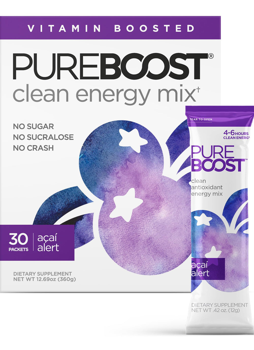 Pureboost Acai Alert bottle pouring energizing drink for on-the-go hydration.